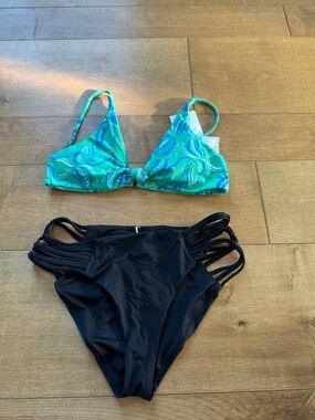 Women’s Two-Piece Swim Set - Green Pattern Top & Black High-Waist Bottom